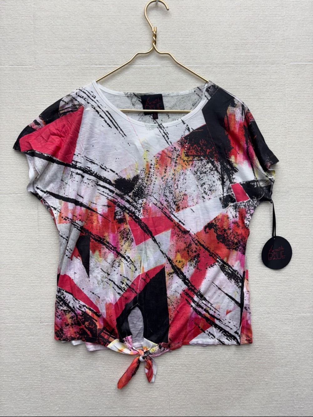 New French Blue | large Abstract Tie-Front Short Sleeve Top - Pink/White -